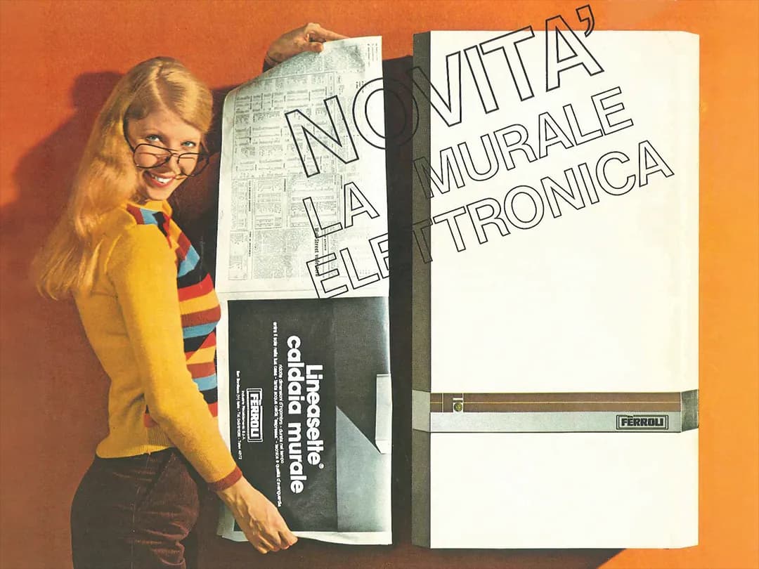 Pubblicità dell'azienda Ferroli sulla prima caldaia murale in ghisa nel 1970